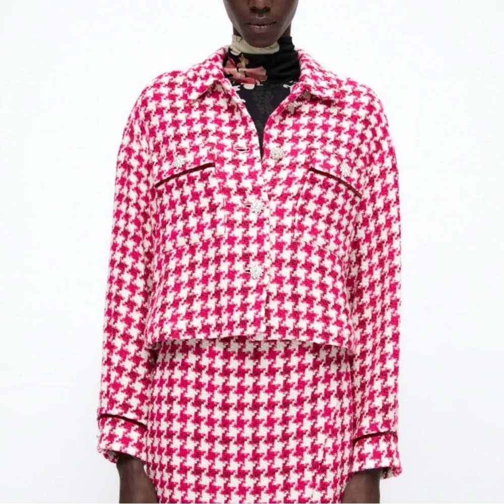 Zara Short Textured Houndstooth Cropped Jacket - XS
